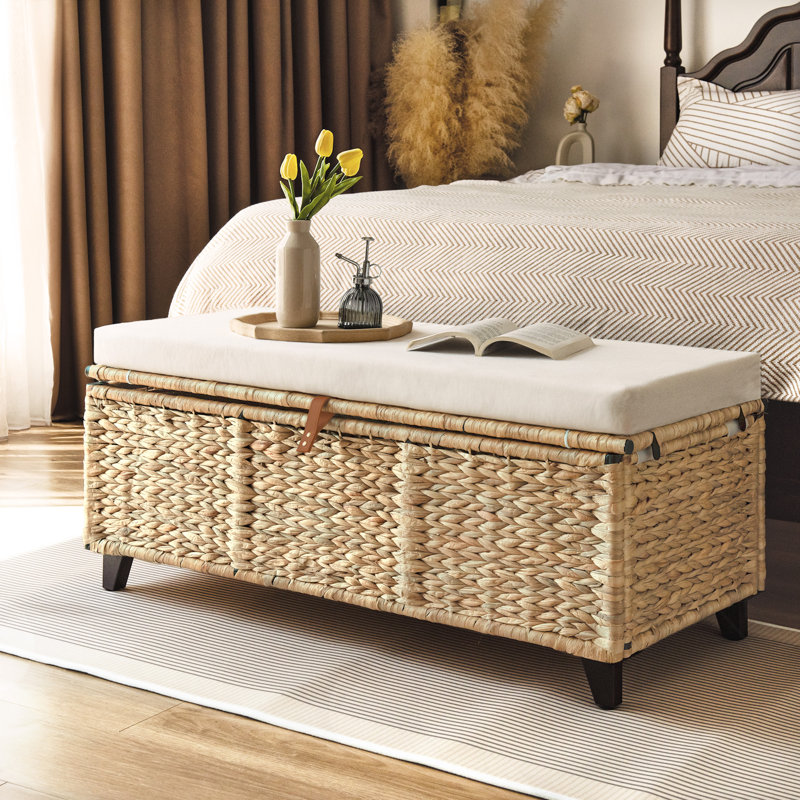 Leimomi Wicker Upholstered Bench with Storage, Brown