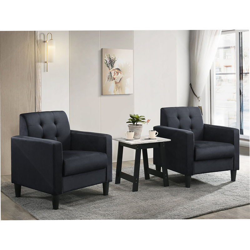 Ensemble de salon avec fauteuils et table de bout en velours noir, Velours, Black
