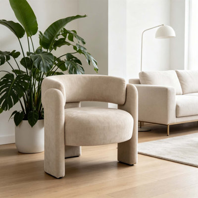 Chaise d'appoint moderne à dossier creux, fauteuil tonneau incurvé en tissu texturé, chaise longue rembourrée à pieds blocs, chaise d'appoint sculpturale unique pour le bureau de la chambre à coucher