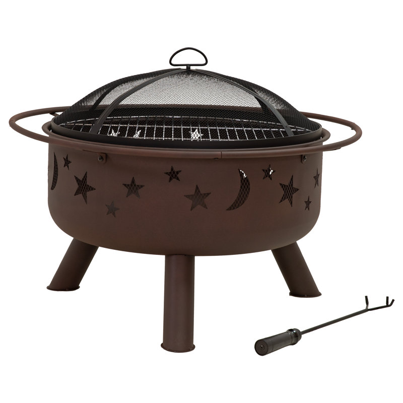 Foyer d'extérieur rond au feu de bois en acier brun avec grille de cuisson de 30 po 