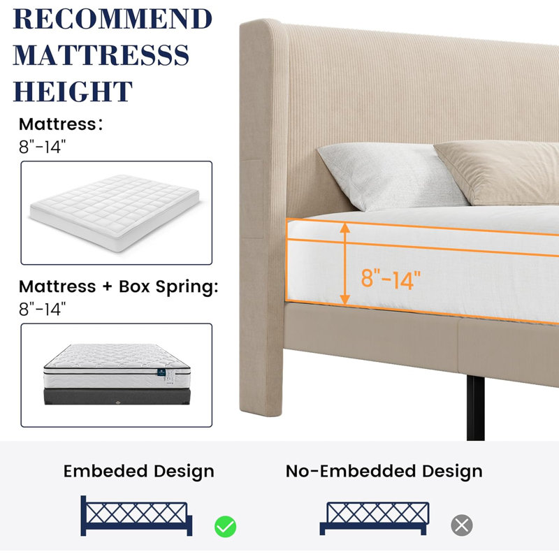 Bed Frame With Headboard, Upholstered Bed Frame With Wood Slats, Sturdy Support Feet, No Box Spring Needed, Beige, Queen