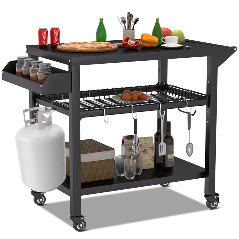 Grill Cart, Pizza Oven Stand Table With Wheels, Outdoor Movable Kitchen Cooking Prep Table Bbq Cart With Mesh Racks For Home Party, Bar, Camping