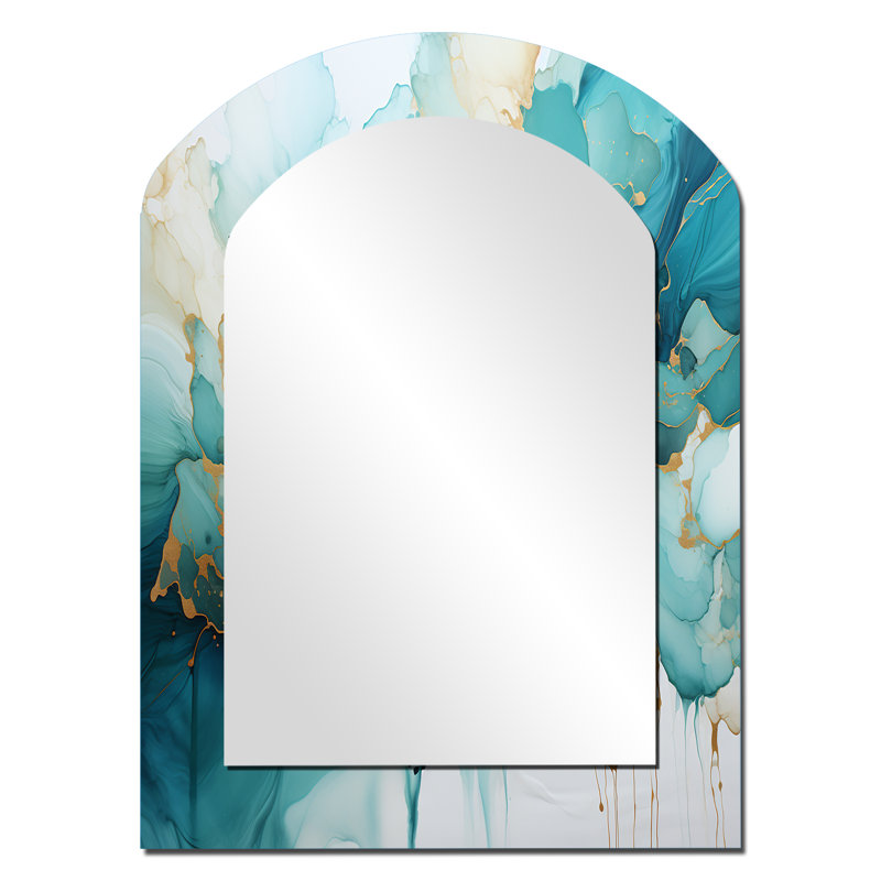 Teal Gold Abstract Fractal Mystic Mirage III - Fractals Asymmetrical Unique Wall Mirror, Modern Arch Mirror, Printed Metal Art
