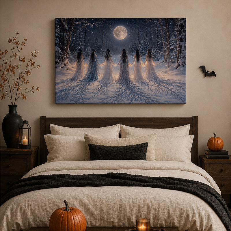Six femmes se tenant la main en robes fluides dans une toile murale d'Halloween enneigée, H 32 po x l 48 po