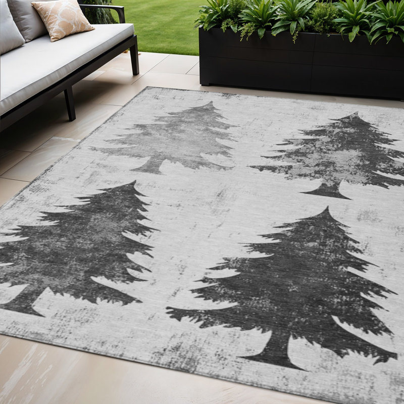 Tapis intérieur/extérieur lavable, motif arbre gris et argent, 152 x 244 cm