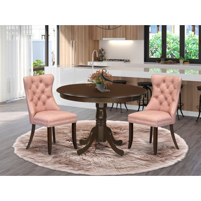 Ensemble de salle à manger 3 pièces composé d'une table de cuisine ronde avec piédestal et 2 chaises Parson, acajou