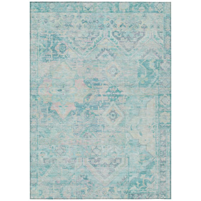 5' X 8' Teal Blue And Pink Floral Medallion Washable Indoor Outdoor Area Rug