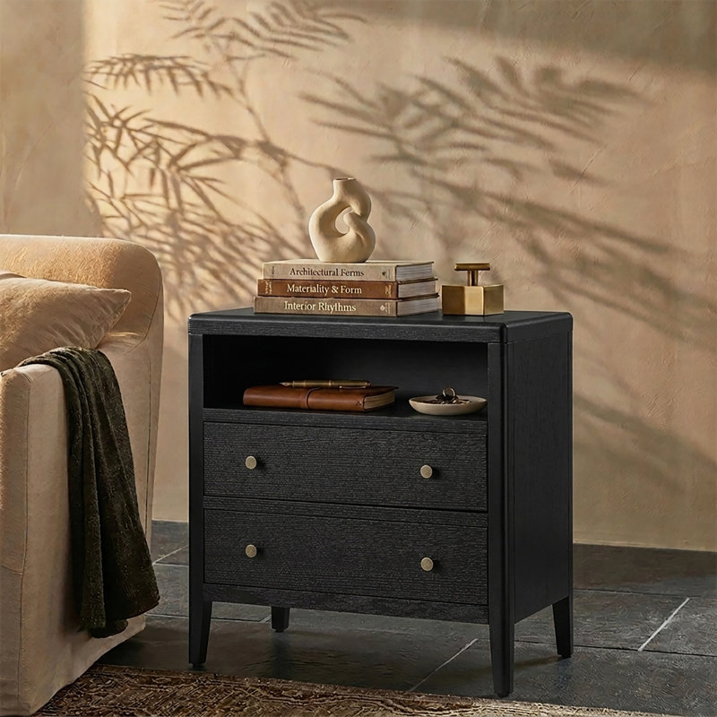 Shera Modern 2-Drawer 28"W Solid Wood End Table with Built-in Power Outlet and USB Port, Charcoal