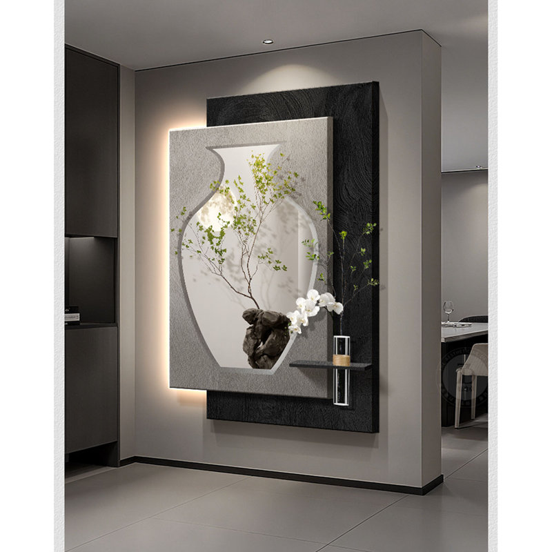 Art mural luxueux avec verdure hydroponique de luxe avec lumière - décor de vestibule, Gris / Noir