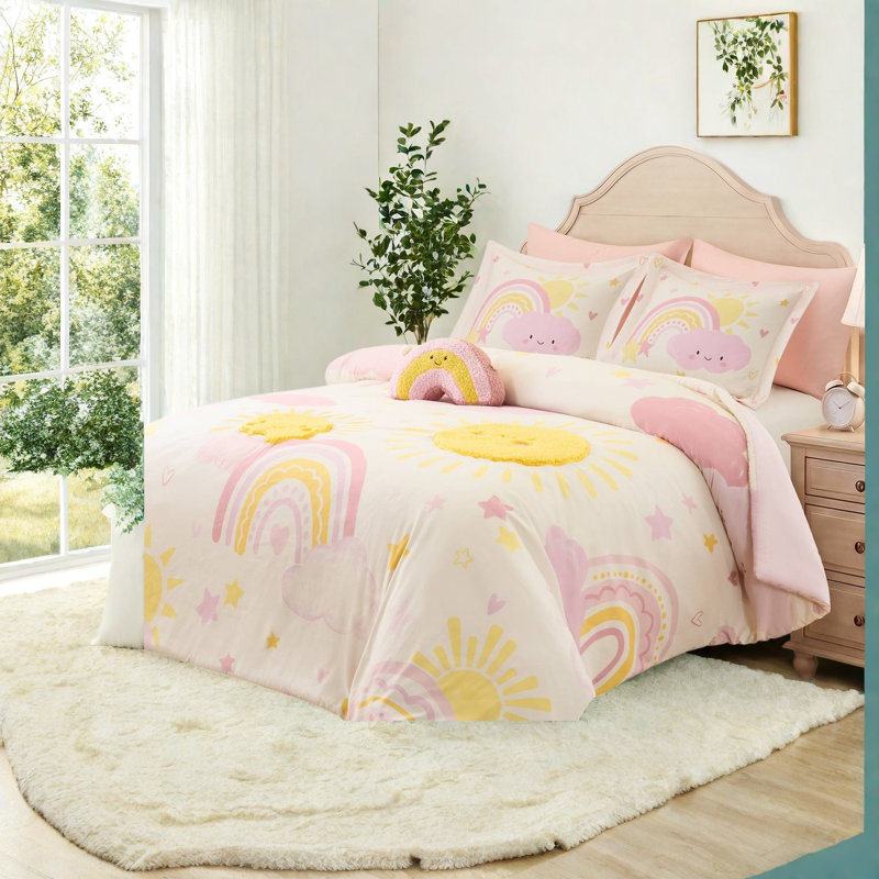 Ensemble de literie 6 pièces rose en arc-en-ciel pour grand lit en microfibre pour enfants