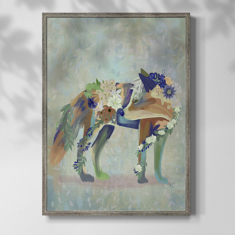 Fantastic Florals Fox, Standing Framed Print - Solid Wood, 30" H x 24" W