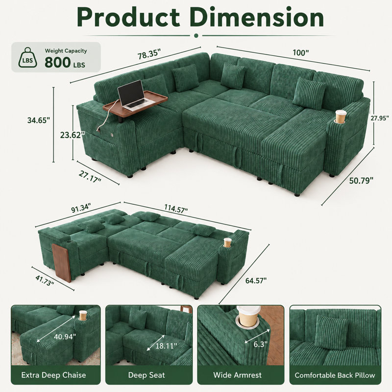 Canapé-lit modulaire en U 100 po avec rangement Corduroy, Green