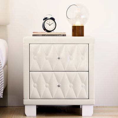 Table de chevet exquise en velours beige avec 2 tiroirs et poignées cloutées en cristal