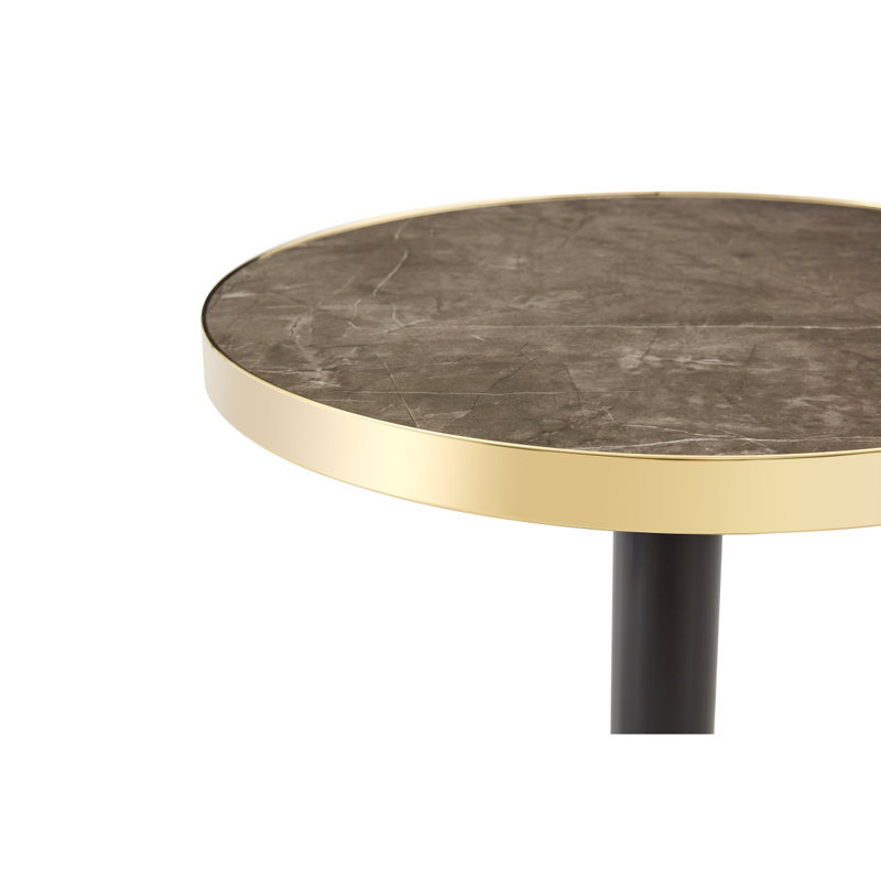 Panneau de fibres à densité moyenne rond de 23,6 po pulvérisé avec un comptoir de peinture UV, texture de marbre, bordure en acier inoxydable, pieds de table en métal, table basse moderne de luxe.