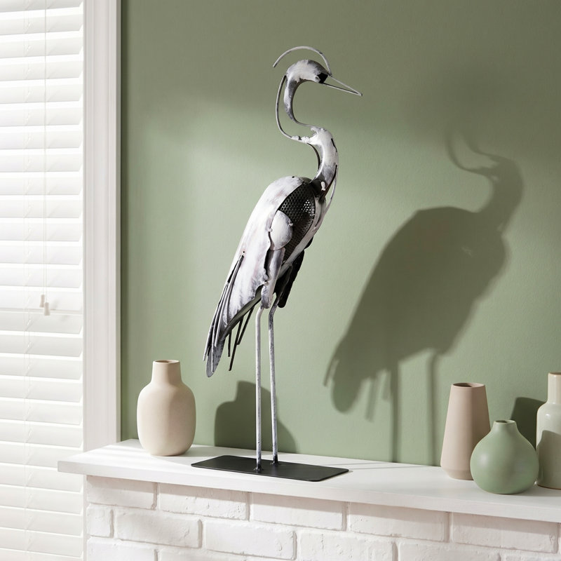 21"H Handmade Metal Heron Statue, 100% Hand-Painted Bird Figurine Décor, Rustic Handicraft Artwork For Bird Lovers, White