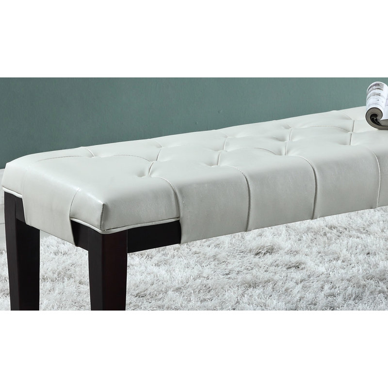 White Faux Leather Bench With Feature, Perfect For Bedroom, Living Room, And Foyer In White, Upholstery, Solid Hardwood Legs