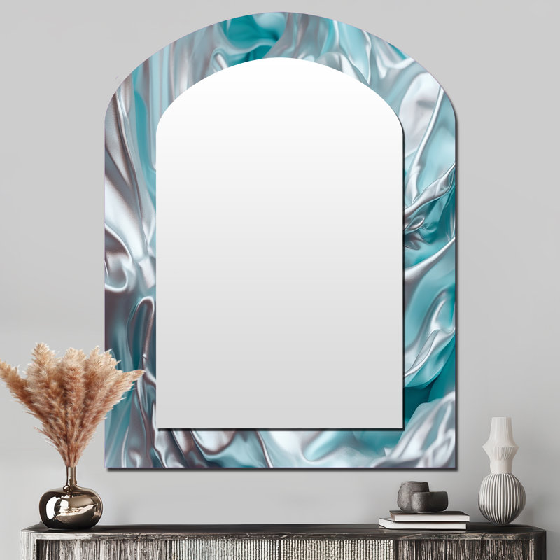 «Silver Blue Dancing Colors» - grand miroir mural asymétrique en marbre, miroir arqué moderne unique, impression d'art en métal