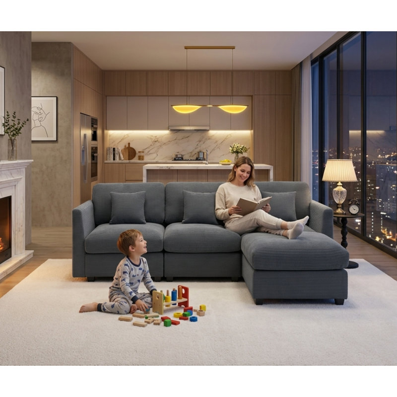 Virgus Corduroy Sectional, Dark Gray Corduroy