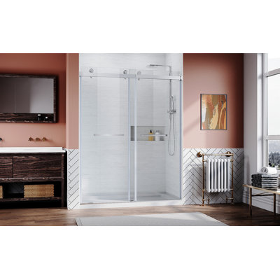 Frameless Sliding Shower Glass Door 56-60 In.W X 76 In. H,3/8"(10Mm) Thick Clear Tempered Glass,Heavy Duty Stainless Steel Hardwares,Brushed Nick