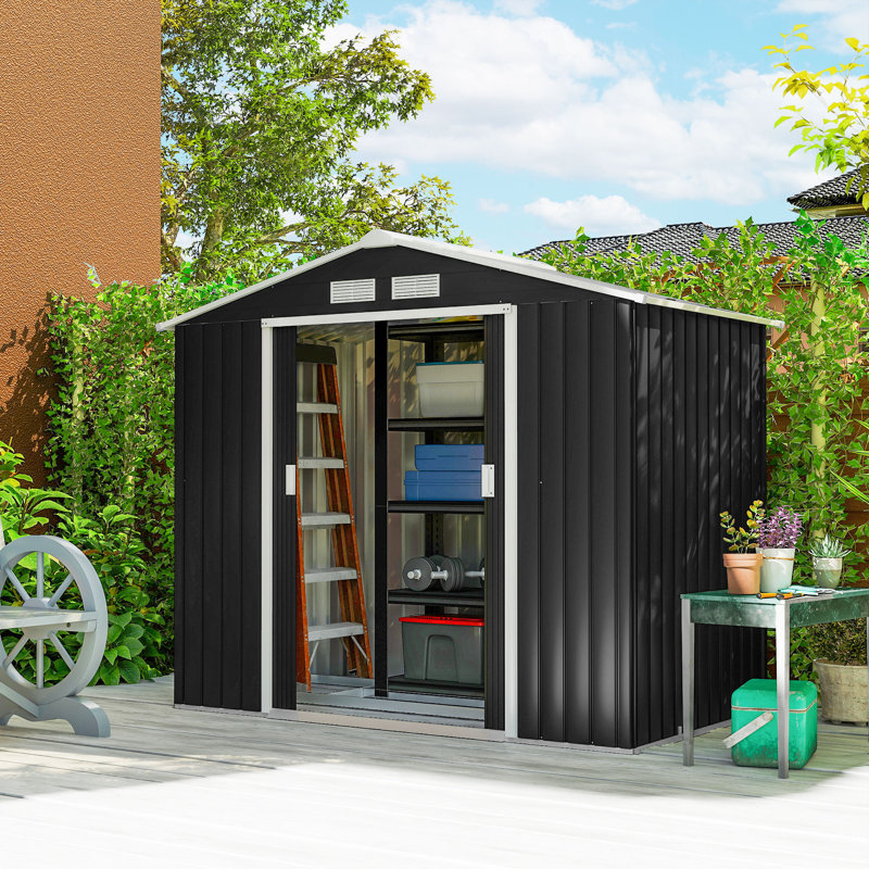 Outsunny 7 x 4ft Metal Garden Shed Waterproof Foundation Kit Dark Grey