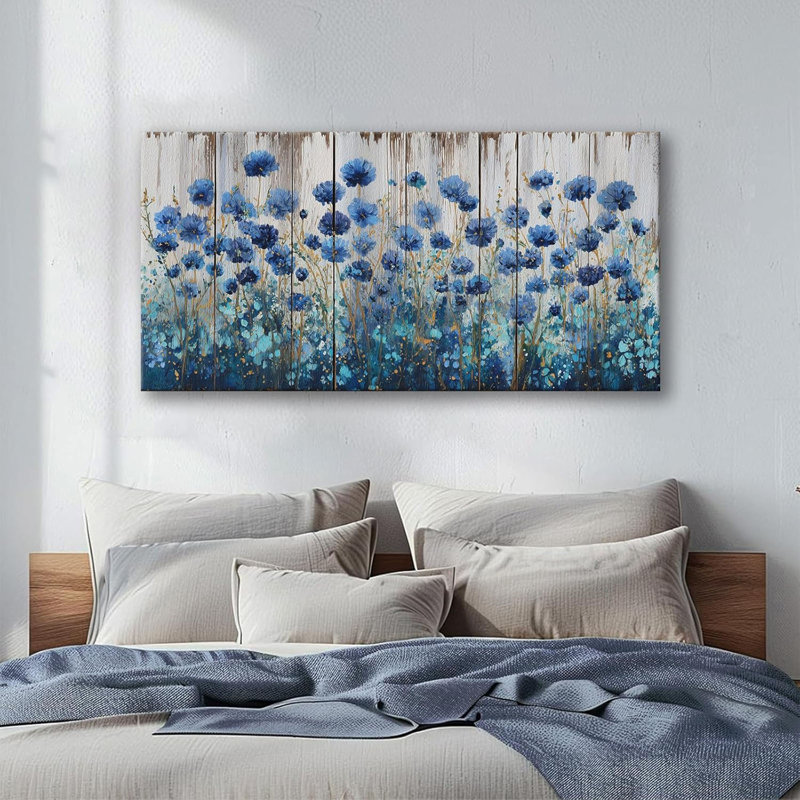 The Mode Art, art floral sur toile bleue, texture de bois, impression de fleurs rustiques pour ferme salon chambre à coucher, décoration intérieure 24 x 48 pouces