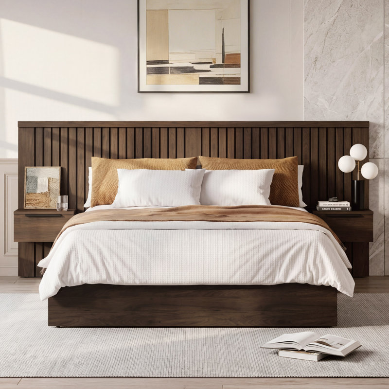 Kyros Modern 3-Piece Fluted Headboard With Floating Nightstand & Solid Wood Legs, Walnut, Queen
