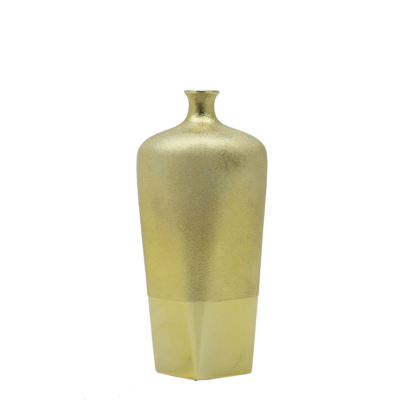 GOLD BOTTLE NECK VASE, 13" H x 5.5" W x 5.5" D