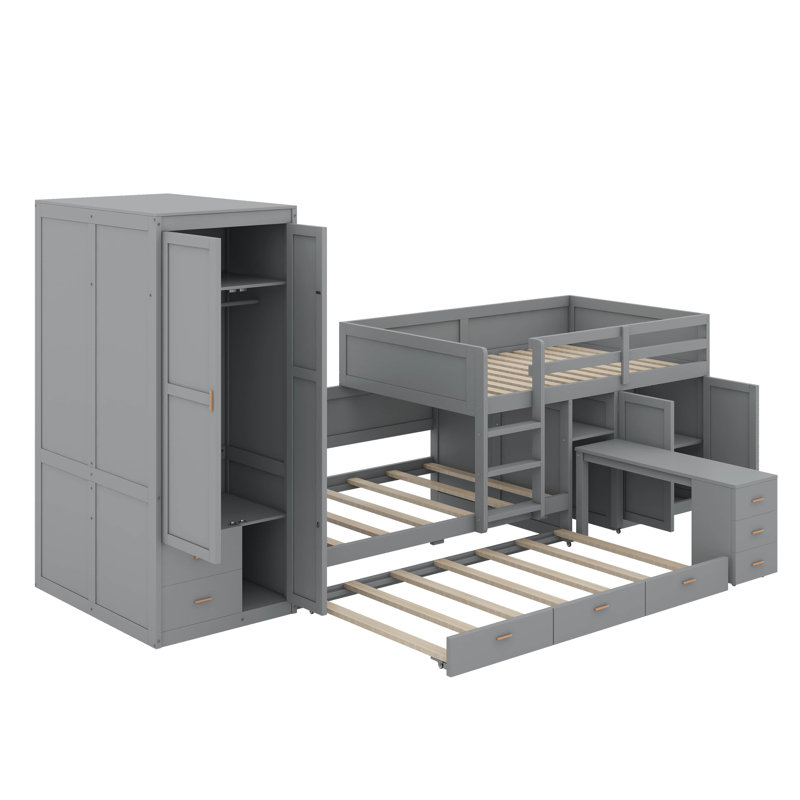 Lit simple superposé en bois avec lit gigogne, armoire, armoire, bureau et tiroirs, gris
