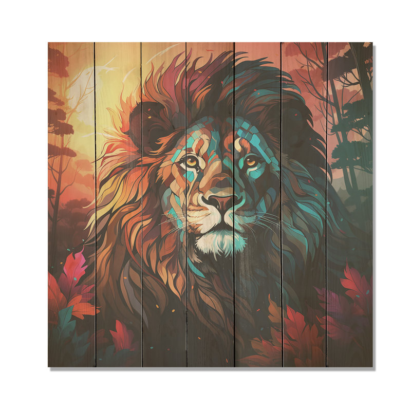 Imprimé sur bois, lion majestueux au clair de lune II, H 36 po x l 36 po