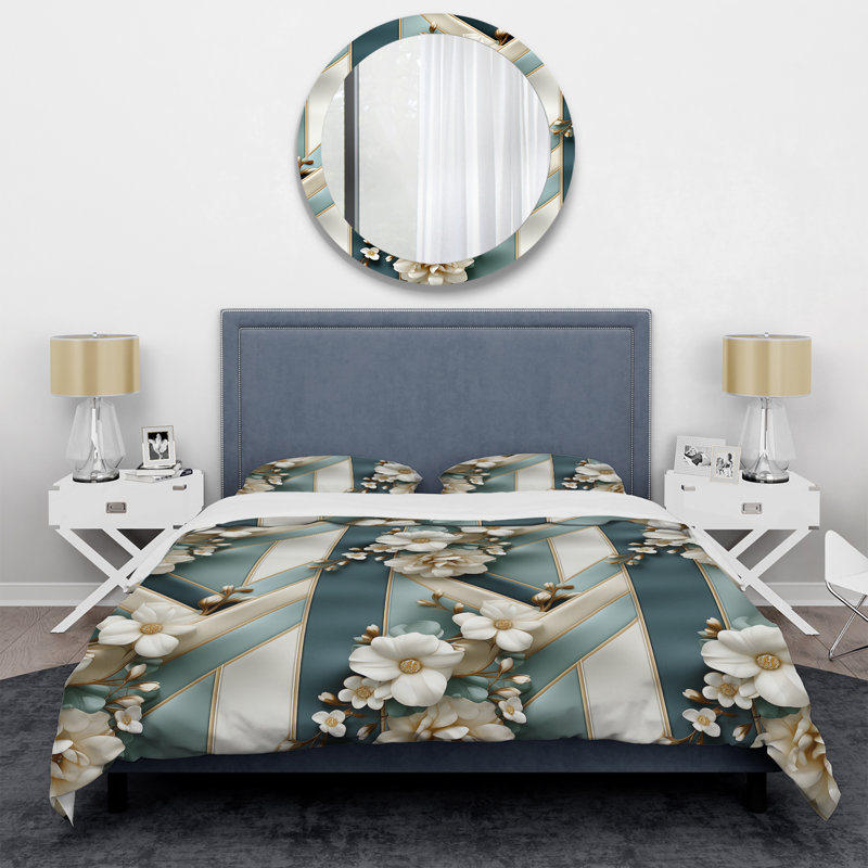 Literie blanche rayée à motif floral élégant, Housse de couette simple + 1 taie décorative stan