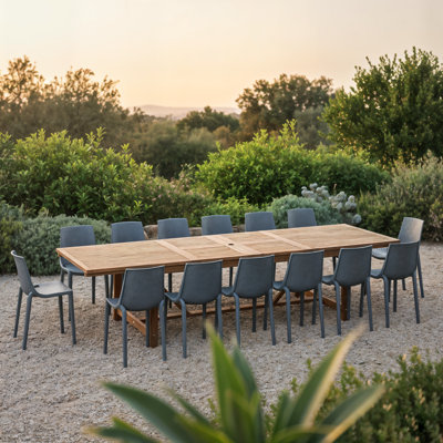 Wayland 15-Piece Outdoor Rectangular Extendable Dining Table And Chairs Set | Teak Finish | Ideal For Patio, Light Brown Table & Grey Chairs