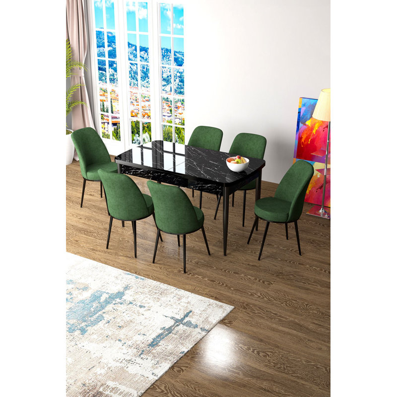 Ensemble de table et chaises de salle à manger extensible Modern (7 pièces), marbre noir et kaki | Table: 52,0 po x 31,0 po x 30,7 po (ouverture: 66,9 po de largeur) | 100% panneau de fibres à densité moyenne avec pieds en métal, chaises en tissu Jerry confortables, parfaites pour les réunions de famille