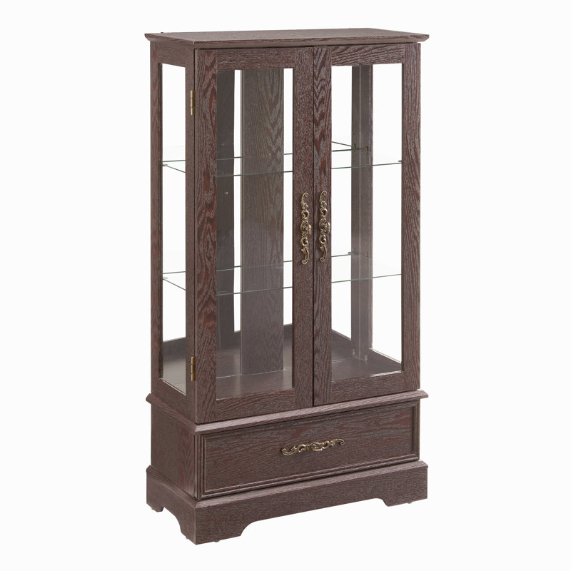 Armoire vitrée éclairée avec porte-bouteilles vitrée avec tablettes réglables en verre, 2 portes et 1 tiroir
