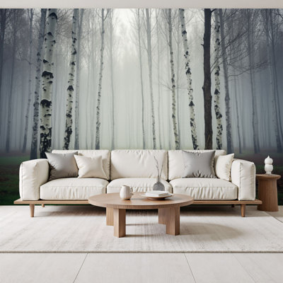 Papier peint adhésif pelez et collez Misty Birch Forest Landscape White Bark Trees Atmosphere