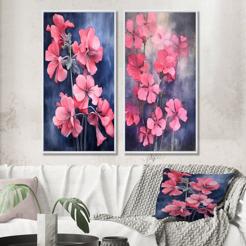 «Blue and Pink Geranium Minimal Expression - Geraniums», ensemble d'art mural sur toile, Cadre blanc, H 28 po x l 25 po