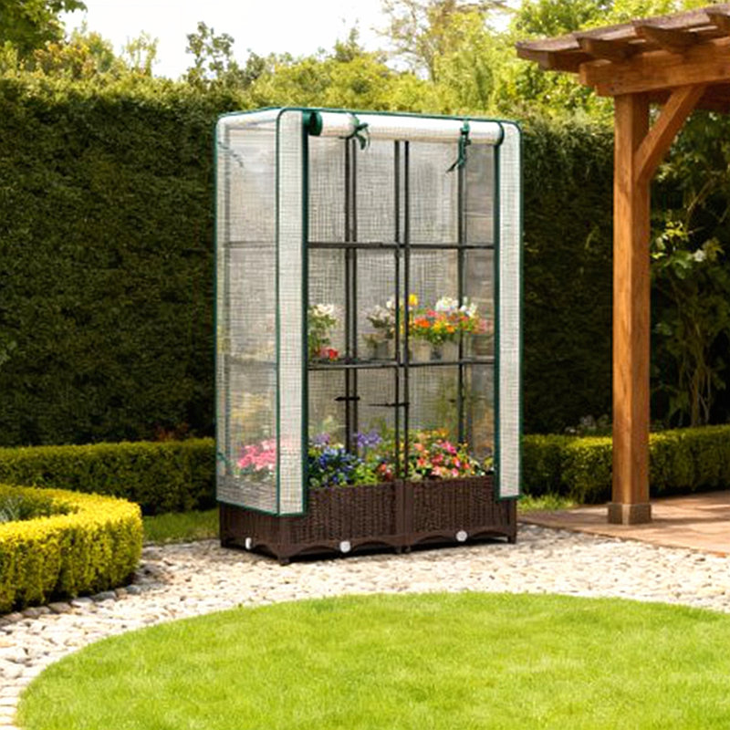 Compact Raised Garden Outdoor Plant Box with Cover,Drainage Holes and Zipper Door for Urban Gardening, Brown/White