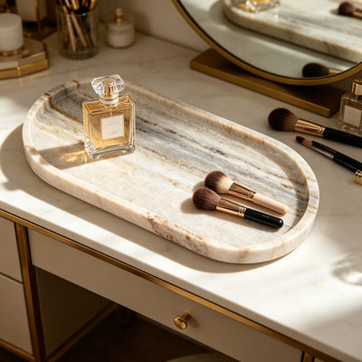 Plateau de meuble-lavabo en marbre naturel pour comptoir de salle de bain, plateau de rangement ovale en pierre pour parfums, bijoux, soins de la peau et bar à café, plateau décoratif poli avec rebords surélevés et patins de protection, décoration intérieure luxueuse