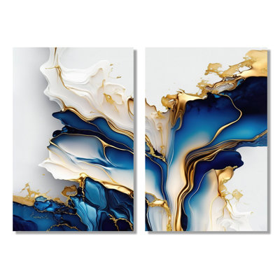 Abstract Geode Gold And Blue Marble Shape - Abstract Marble Wall Decor, Blue Abstract Framed Wall Art 2 Piece