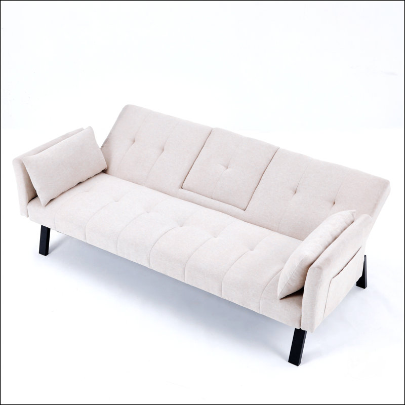 Multi-Functional Cotton And Linen Sofa Bed: Foldable, Cup Holder, Side Storage, Instantly Switch Between Living Room And Bedroom