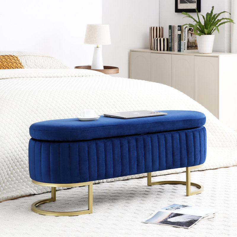 Blue Velvet Bench With Storage: A Chic Choice For Bedroom And Living Area Room Storage Golden Metal Legs, Blue