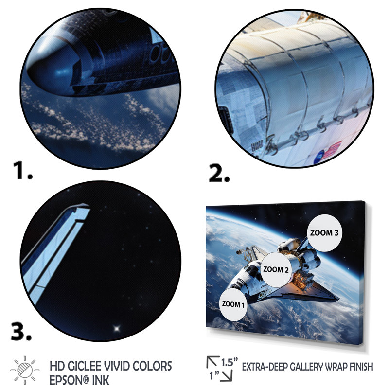 Navette Antares dans l'espace I sur toile, Cadre flottant doré, H 30 po x l 40 po x P 1,5 po