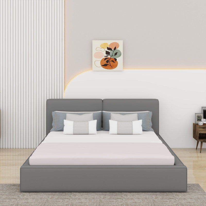 Grand lit tapissier au sol en velours, Gris