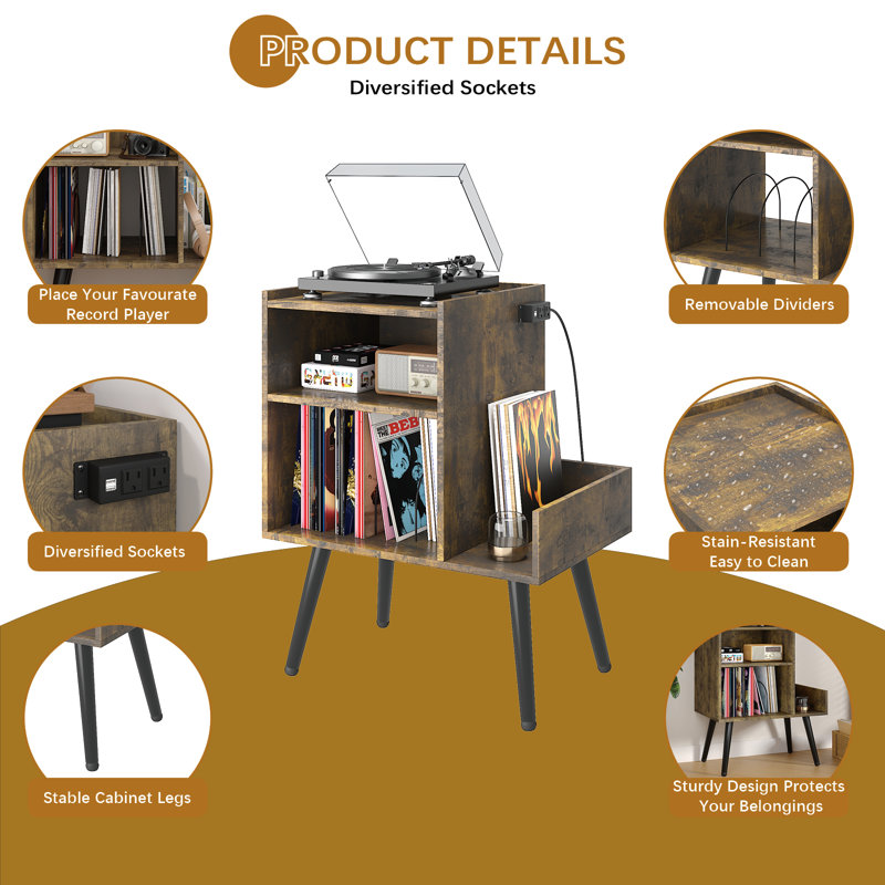 Record Storage Cabinet with Audio Shelf and Built-In Power Outlet for Bedroom, Living Room, Small Spaces, Rustic Walnut 
