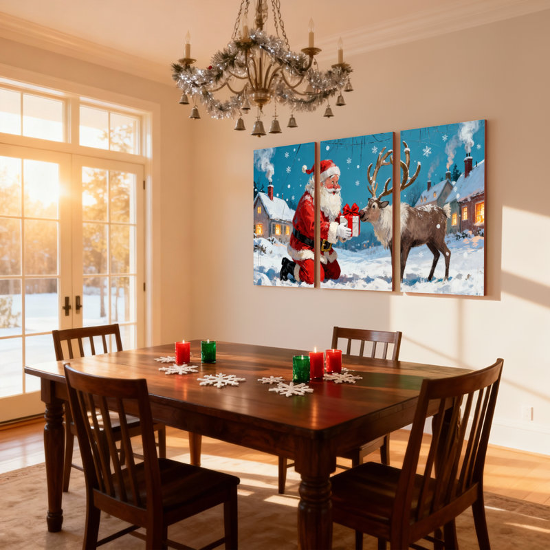 Ensemble de 3 impressions sur toile, père Noël agenouillé avec renne dans un village enneigé, H 18 po x l 36 po
