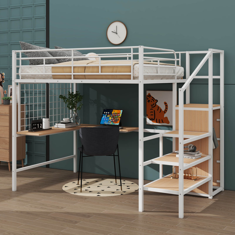 Lit mezzanine en métal avec bureau et grille en métal, Double, Blanc