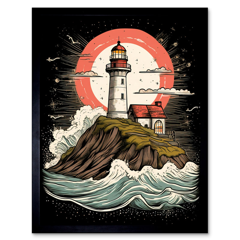 Jesenof Lighthouse on a Cliff Crushing Waves Below Rockabilly Americana 1 Piece Single Picture Frame Wall Art