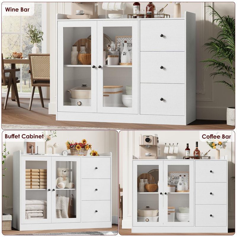 Buffet moderne de 43 po, armoire de rangement avec garde-corps, 3 tiroirs, tablettes réglables, portes en verre trempé, table de salle à manger en bois