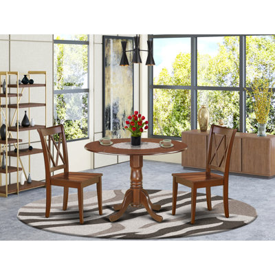 3 Piece Dining Table Set for Small Spaces Contains a Round Dining Room Table with Dropleaf and 2 Wooden Seat Chairs, Mahogany