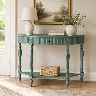 Console demi-lune avec tiroir et tablette, table d'entrée cannelée avec pieds en bois massif pour le couloir, le salon ou le vestibule