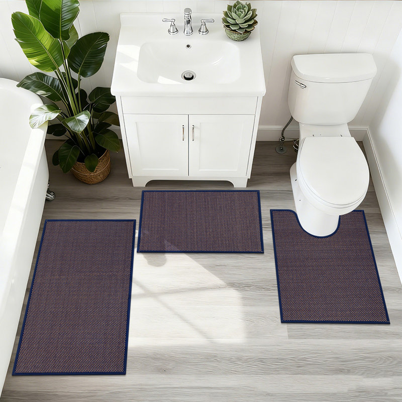 3 Piece Soft Absorbent Microfiber Bath Rug Set With Non-Slip Backing, Blue/Gold